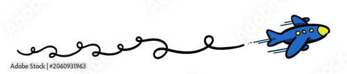 Blue Airplane with Wavy Flight Path - Cartoon vector illustration of plane flying right with long curly black trajectory line. Ideal for travel, journey, aviation, and route concepts