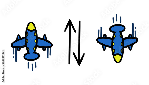 Cartoon Airplane Ascent and Descent - Vector illustration of blue plane taking off and landing with double arrow. Ideal for travel, aviation, and transportation concepts