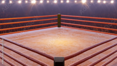 Empty Boxing Ring with Spotlights in an Arena or Sports Hall