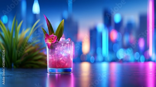 Vibrant Rooftop Cocktail Scene with Tropical Drinks Against a Colorful City Skyline