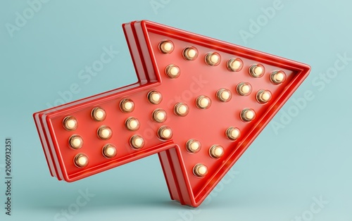 Bright Red Arrow Sign with Light Bulbs Pointing Upwards on Light Blue Background
