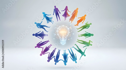 Silhouettes of diverse people forming a colorful circle around a glowing light bulb, symbolizing collaboration and shared ideas.