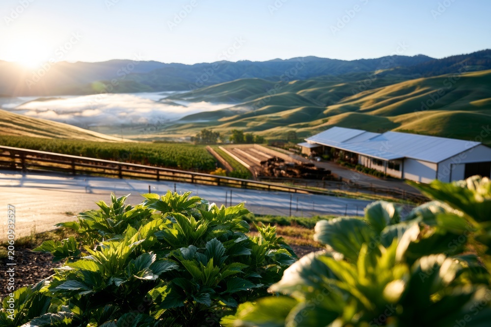 Fototapeta premium Organic Cattle Ranch Beside Rolling Hills Covered in Morning Fog and Sunlight at Dawn