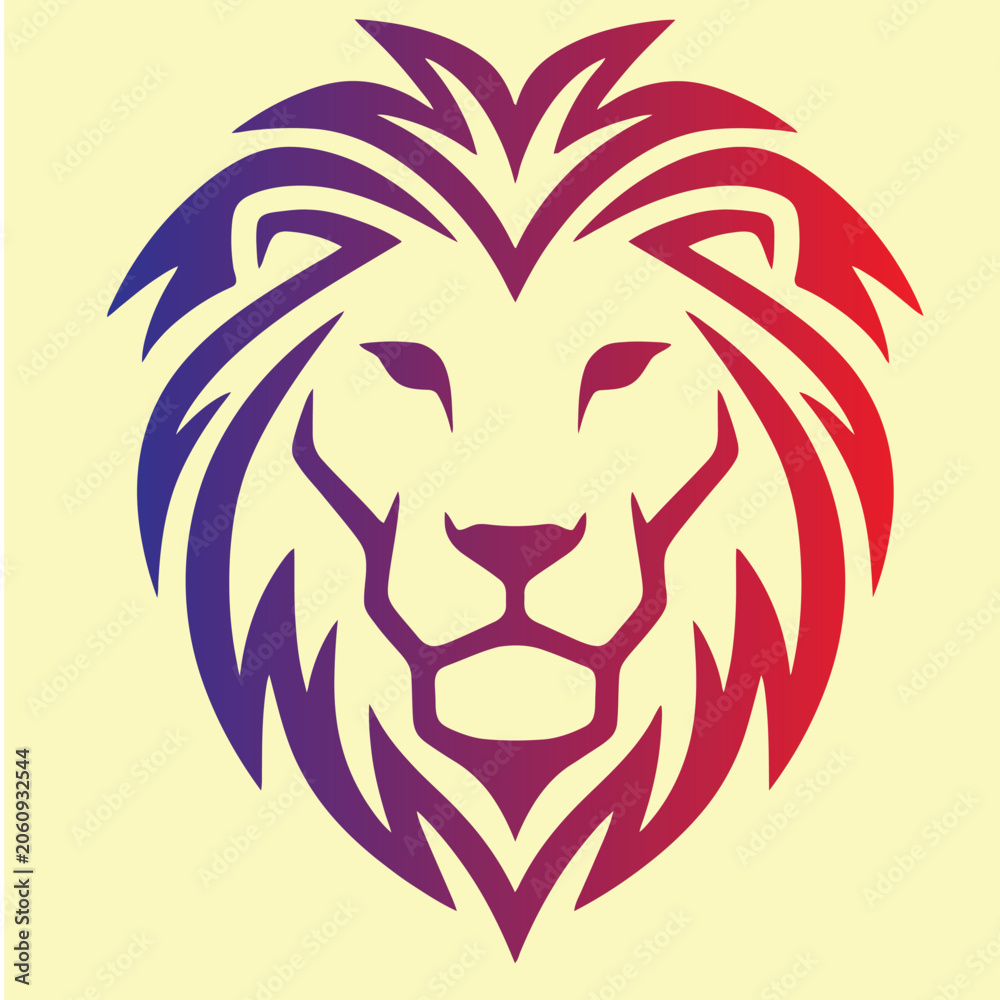 Fototapeta premium Lion Head Vector Logo Template, Stylized King of the Jungle Mascot Graphic with Purple and Red Gradient Mane on Light Cream Background