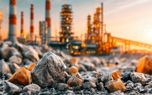 Industrial Facility with Storage Tanks and Rocky Shoreline at Sunset