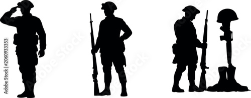 Fotografi Military soldier silhouettes set with saluting officer and kneeling soldier hono