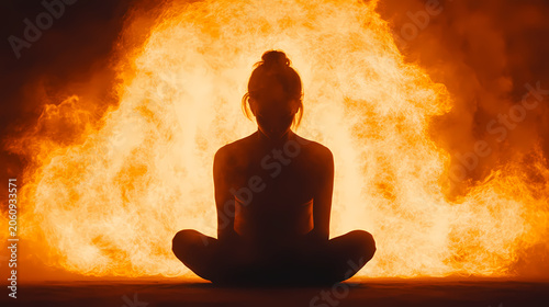 Silhouette of a Woman Meditating in Fiery Aura