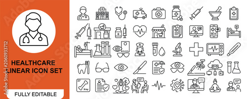 Healthcare and medical linear icon set outline vector icons for hospital, stethoscope, ambulance, first aid kit, medicine bottle, syringe, vaccine, heart monitor, pharmacy, medical report