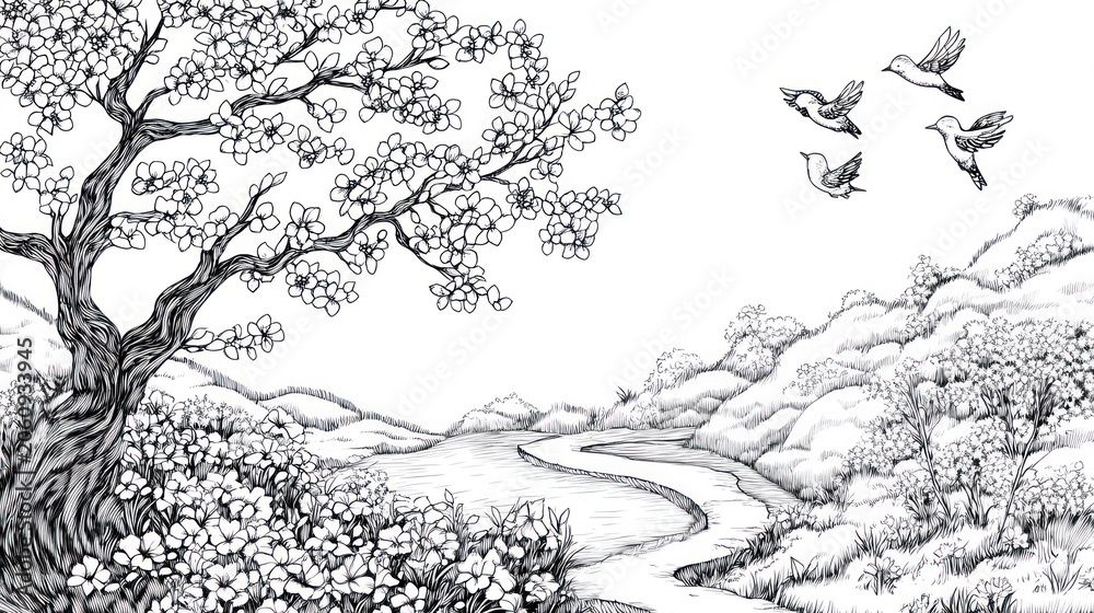 Fototapeta premium Blooming Tree, Birds, Winding Path, Peaceful Landscape, Artistic Illustration