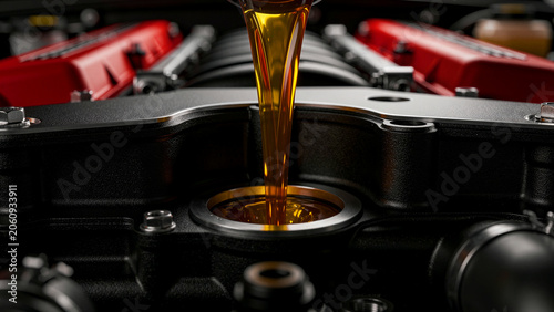 Fresh motor oil pouring into a high-performance car engine. Close-up view of golden lubricant entering the filler neck of a modern vehicle. Automotive maintenance and performance protection concept.