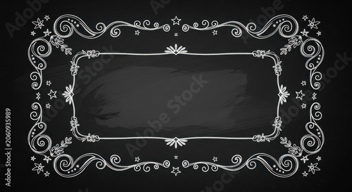 Chalkboard background with handdrawn vintage decorative frame, ornate border with swirls, stars, and floral elements on a black textured surface