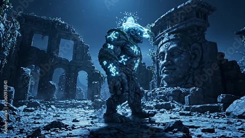 Ancient Stone Golem with Glowing Blue Runes Walking Through Mythical Temple Ruins