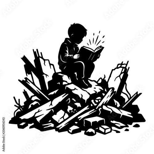 Silhouette line art of a child reading an open book on concrete ruins, conceptualizing hope amidst destruction
 