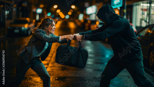 Woman in suit fighting off a hooded attacker on a night city street. Thief snatching a bag from a victim during an urban mugging. Personal safety and crime prevention concept for security ads.