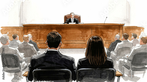 Judge presiding over a courtroom trial. Illustration of a legal hearing with people facing the bench. Justice and law concept, ideal for legal news, judicial blogs, and courtroom reports.