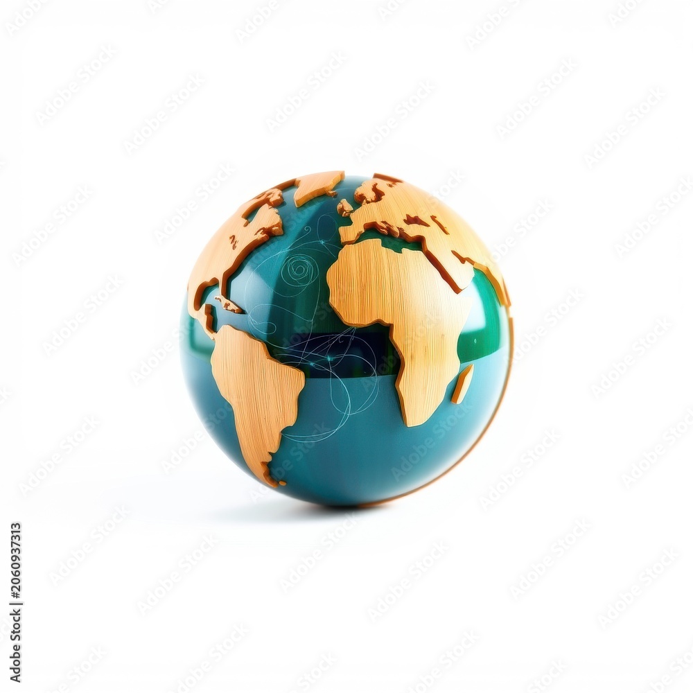 Obraz premium Wooden continents atop blue sphere. Minimalist design, global representation, clean aesthetic. Simple, elegant world model.