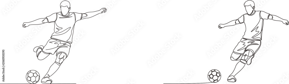 Fototapeta premium Continuous line drawing of soccer players kicking a ball in two different poses