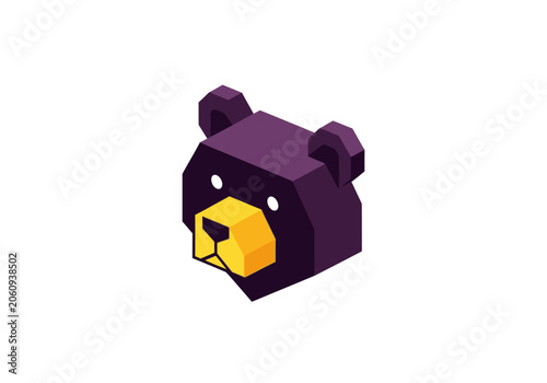 Isometric bear illustration in purple and gold on white background