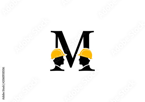 Letter m silhouette with construction worker faces and hard hats design