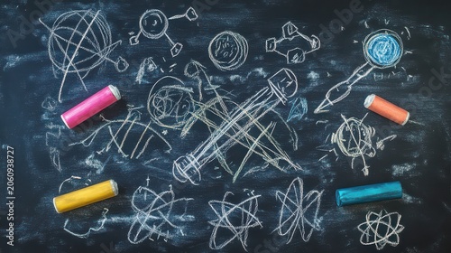 Chalk drawings of scientific atomic structures and geometric shapes decorate a dark blackboard next to various colored chalk sticks.