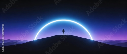Silhouette of lone man standing on top of dark sand hill under glowing blue neon semicircle arch against purple gradient night sky with distant mountains for futuristic concept