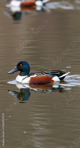 Colorful ducks swimming in urban pond with reflections.