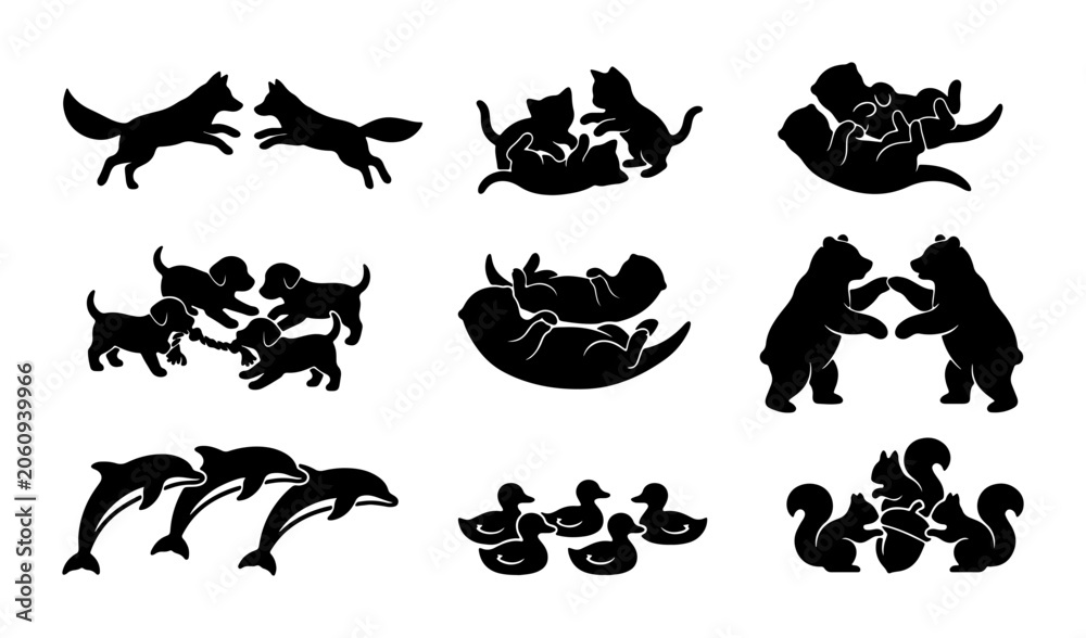 Fototapeta premium Playful Animal Silhouettes Collection: Dogs, Cats, Bears, Dolphins, Ducks, Squirrels, Wolf Pups, Baby Animals, Vector Icons for Children's Designs