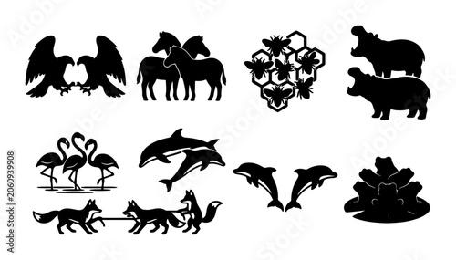 Canvas Print Diverse Animal Silhouettes Collection: Wildlife, Birds, Marine Life, and Safari