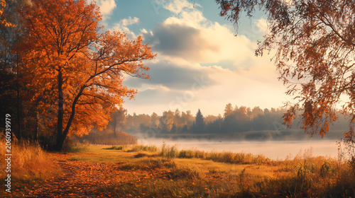Autumnal Sunrise Over a Misty Lake