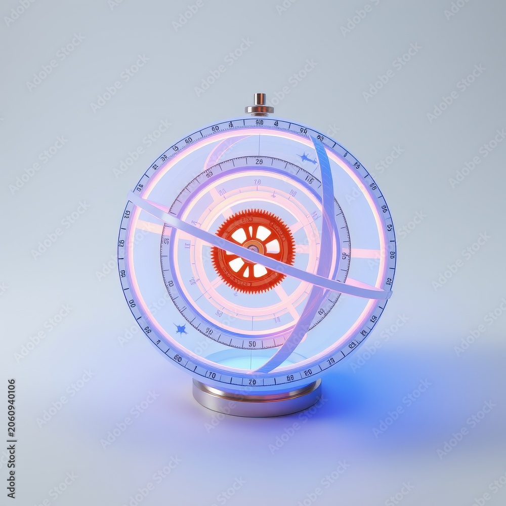 Fototapeta premium Intricate celestial model. Rings represent planetary orbits. Copper gear dominates center. Blue, pink lighting creates soft glow.