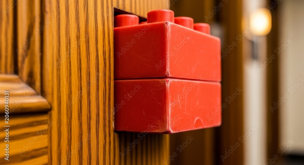 Naklejka premium Red Lego Brick on Wooden Door.
