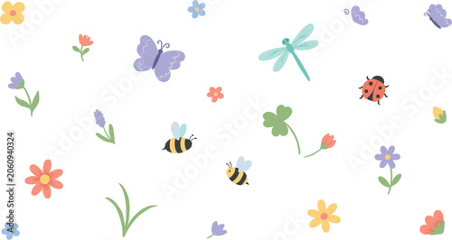 Cute cartoon spring garden flowers and insects collection vector illustration isolated on white background