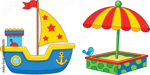 Φωτογραφία Colorful cartoon pirate ship and sandpit with umbrella and bird Vector