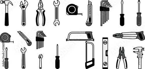 Quadro su tela Collection Of Hand Tools Flat Vector Illustration On White Background