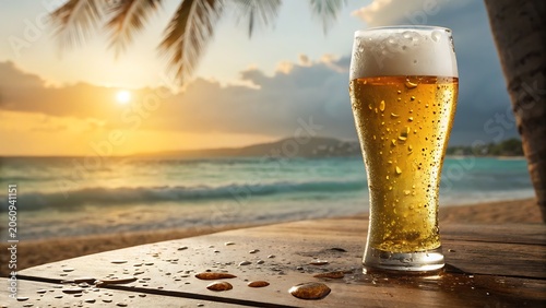 Cold glass of beer with foam and condensation on a wooden table at sunset beach
