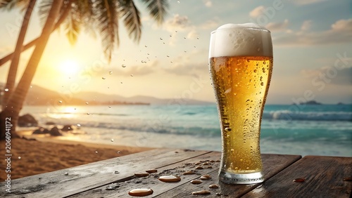 Cold glass of beer with foam and condensation on a wooden table at sunset beach