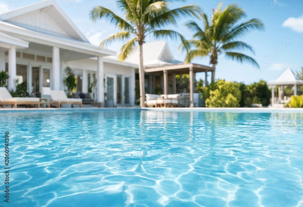 Fototapeta premium Luxury tropical villa swimming pool with sunlight reflections, modern architecture, palm trees, serene summer vacation resort landscape, calm atmosphere, luxury lifestyle outdoor scenery background.