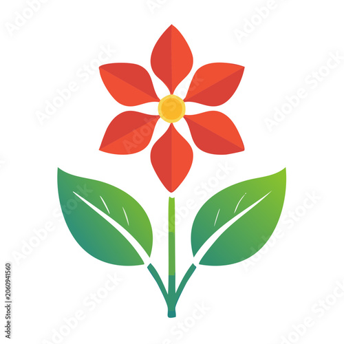 Flat design red flower with green leaves vector