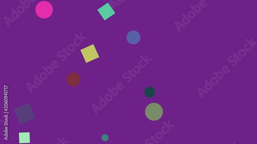 Confetti shapes float against purple background with black center space for text overlay