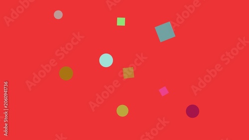 Dynamic Abstract Shapes Floating in Vibrant Red Space with Black Band Overlay