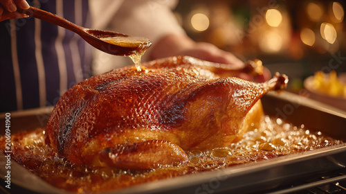 Chef basting a golden brown roasted chicken with hot fat from a baking sheet