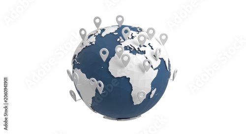 3D Render of Planet Earth Globe with Multiple Location Pins Scattered Across World Map Representing Global Connectivity Logistics and Travel