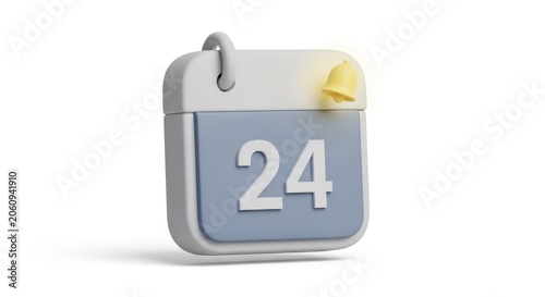 3D Rendered Calendar Icon with Bell Notification for 24th Day Deadline and Appointment Reminder Concept Minimalist Soft Pastel Blue Design Isolated