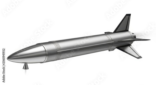 3D Rendered Metallic Intercontinental Ballistic Missile Isolated on White Background Representing Aerospace Technology and Defense Security Industry
