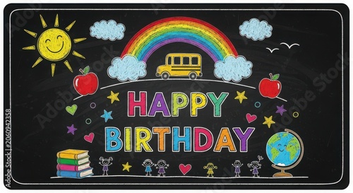 Happy birthday chalkboard banner with school theme elements like school bus, rainbow, globe, books, apples, and cute stick figure children drawings