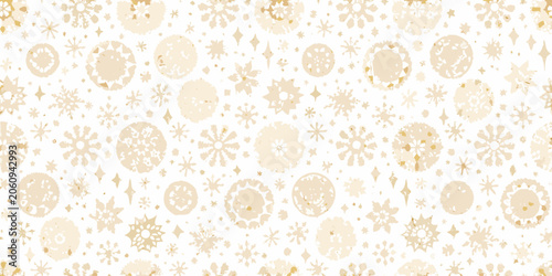 Cuadro en lienzo Golden snowflakes and starbursts form a repeating vector pattern on a white back
