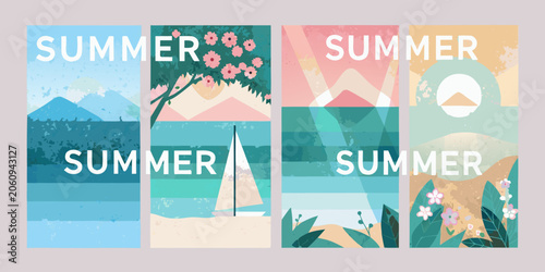 Set of four vertical summer vacation travel posters with mountains flowers and seascapes abstract