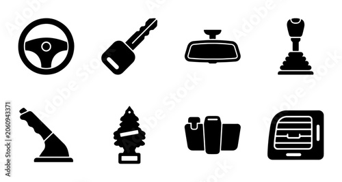 Car Interior Icons Set: Steering Wheel, Key, Mirror, Gear Shift, Handbrake, Air Freshener, Dashboard Elements, Vent