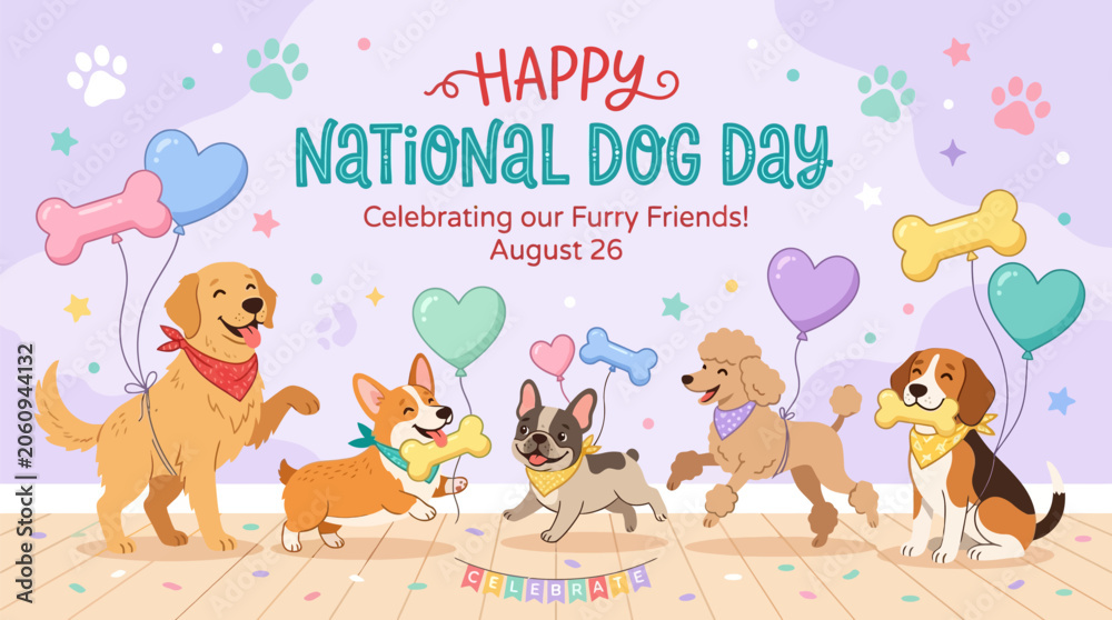 Naklejka premium Happy national dog day celebration with five dogs