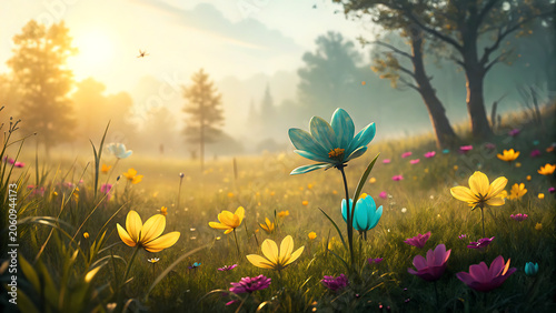 Lush summer meadow digital painting with colorful wildflowers blooming at sunrise